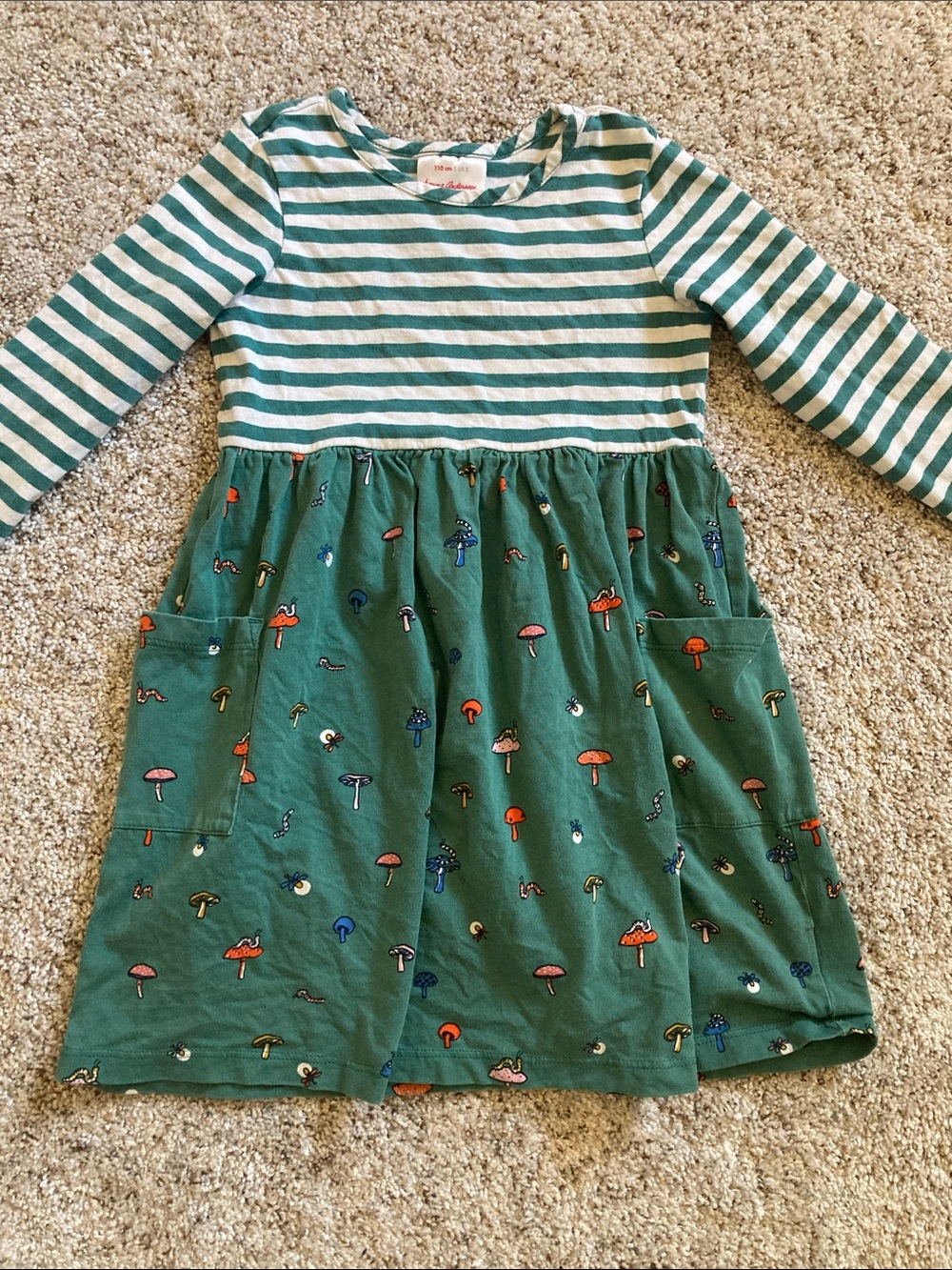 Hanna Andersson size 5 Striped Long Sleeve Green Mushroom Girls Dress